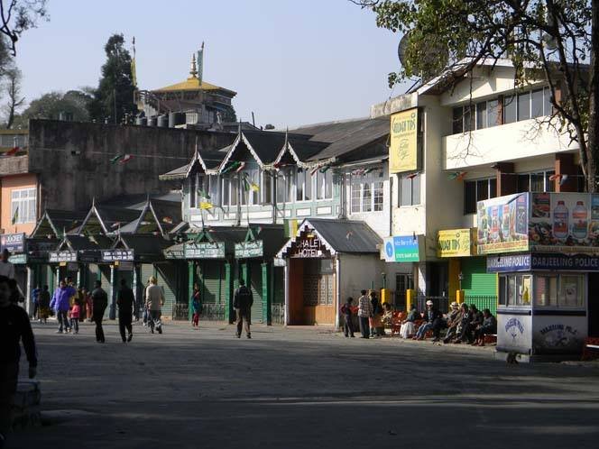 Shops and bookstore on the open square of Mall Road Darjeeling