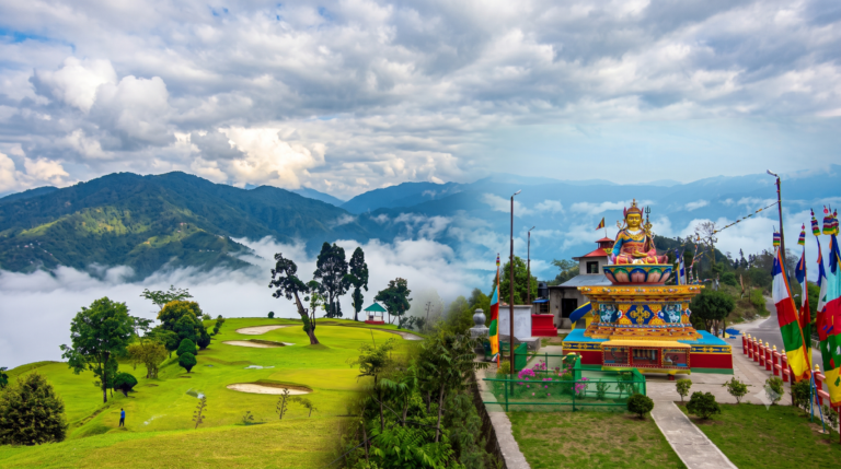 Colourful monastery and green hillside in Kalimpong under clouds